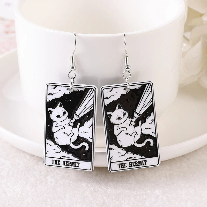 1Pair Drop Earring Black White Cat Tarot Card Charms  Sun Moon Star And The Lovers Divination Card Fashion Jewelry Gift
